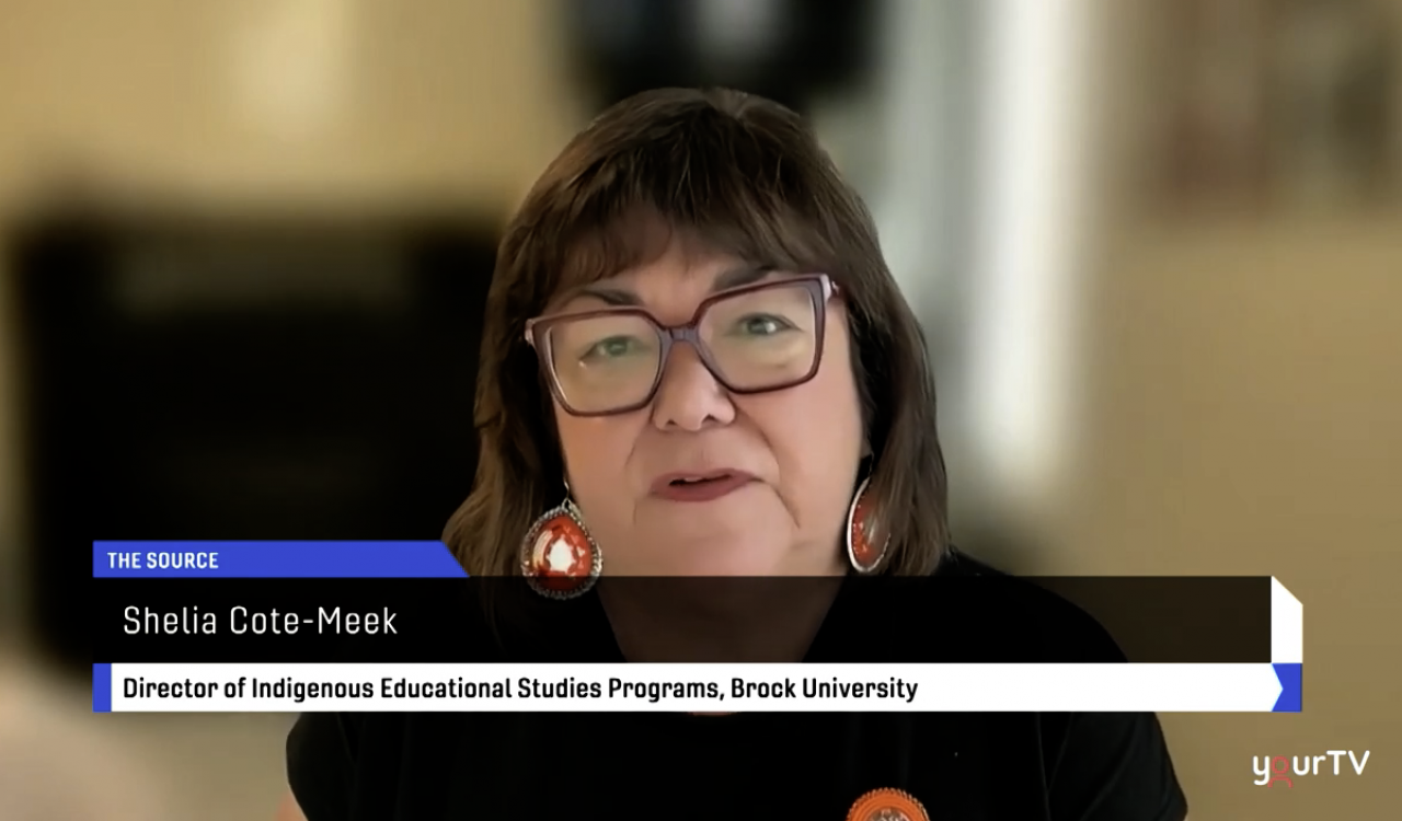 Director of Indigenous Educational Studies Programs Sheila Cote-Meek, wearing orange earrings and glasses, conducts a television interview with YourTV Niagara over Zoom.